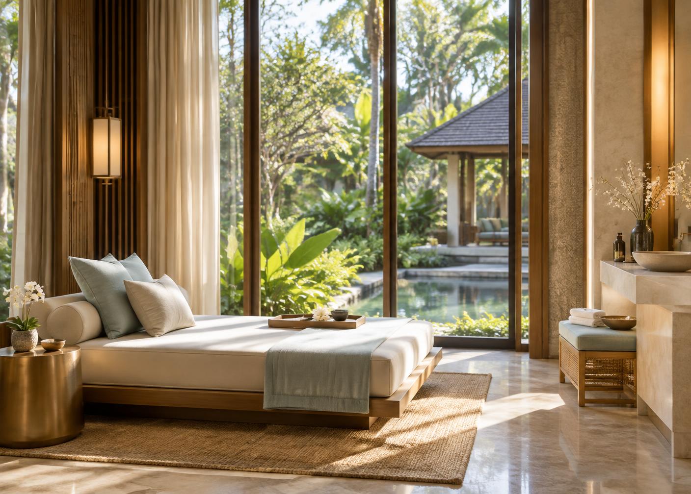 Calm resort spa suite with linen daybed overlooking a tropical garden