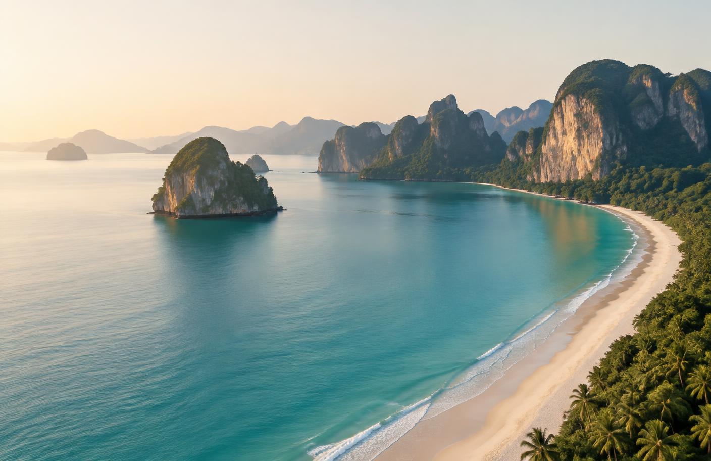 Aerial view of a quiet Thai coastline at dawn